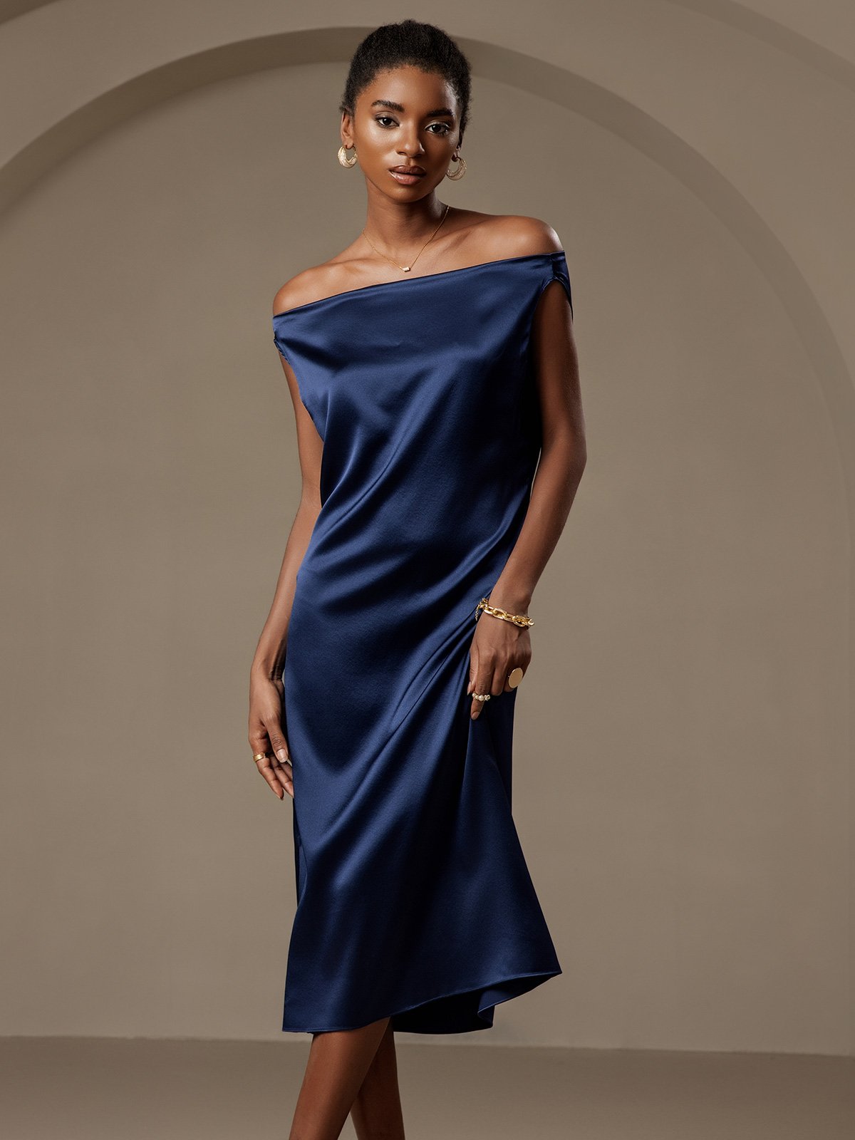 [Dark Blue] SilkSilky-CA 19Momme Silk Sleeveless Cowl Neck Dress 003