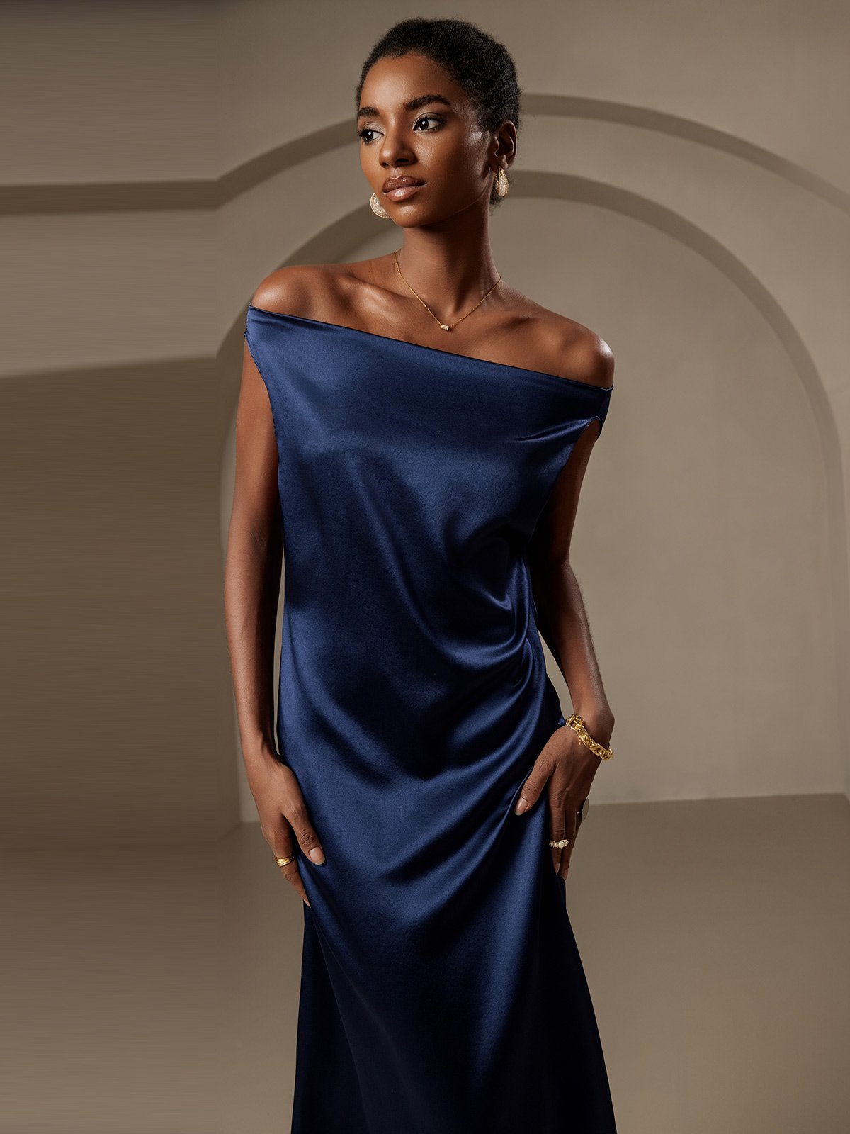 [Dark Blue] SilkSilky-CA 19Momme Silk Sleeveless Cowl Neck Dress 004