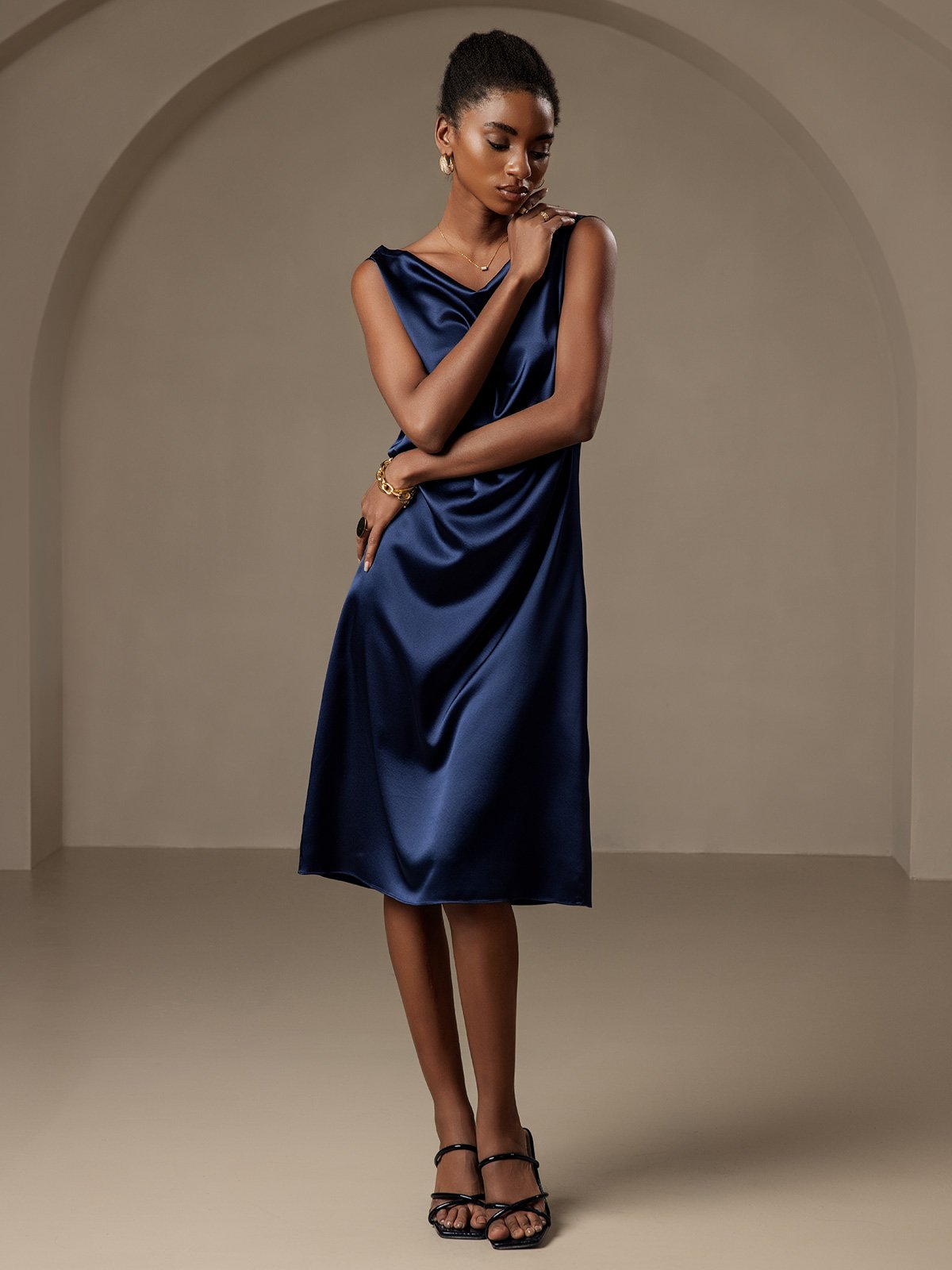 [Dark Blue] SilkSilky-CA 19Momme Silk Sleeveless Cowl Neck Dress 006