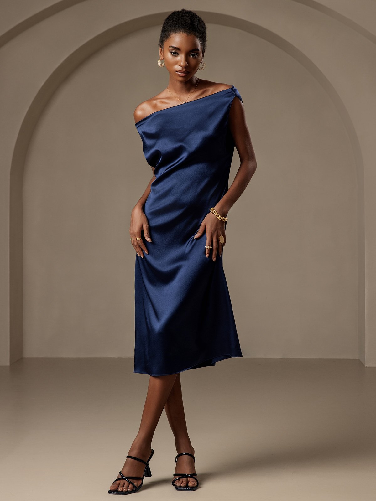 [Dark Blue] SilkSilky-CA 19Momme Silk Sleeveless Cowl Neck Dress 007