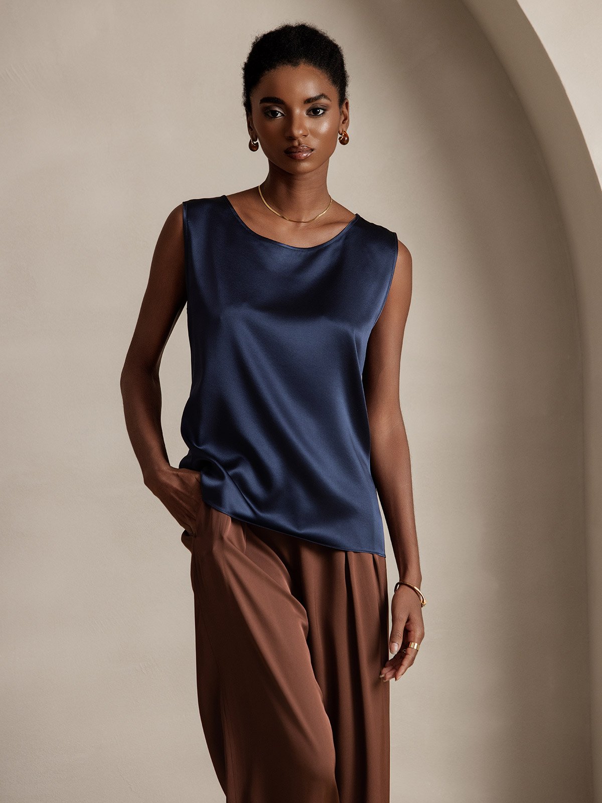 [Dark Blue] SilkSilky-CA 19Momme Silk Sleeveless Round Neck Camisole 001