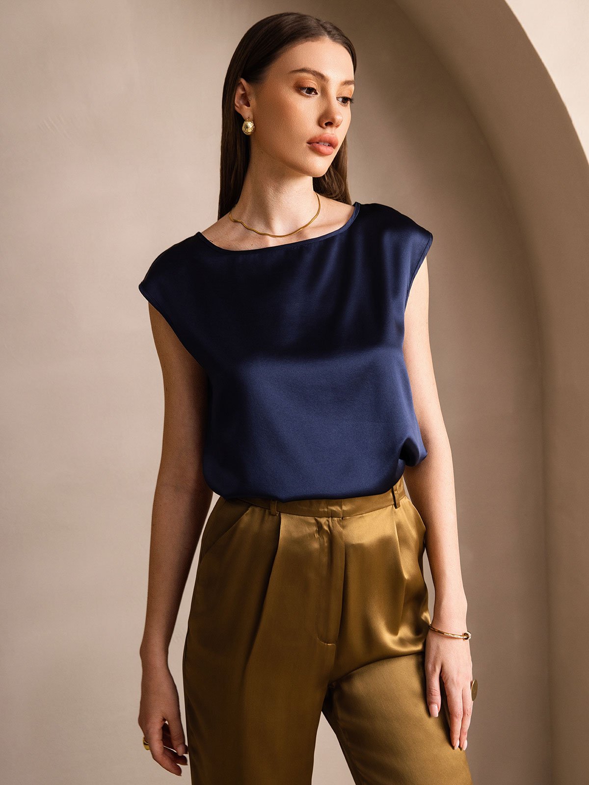[Dark Blue] SilkSilky-CA 19Momme Silk Sleeveless Round Neck Women's T-Shirt 001