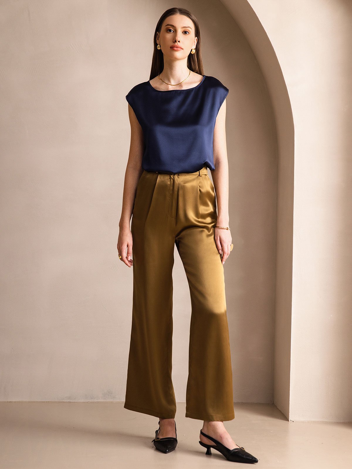 [Dark Blue] SilkSilky-CA 19Momme Silk Sleeveless Round Neck Women's T-Shirt 004