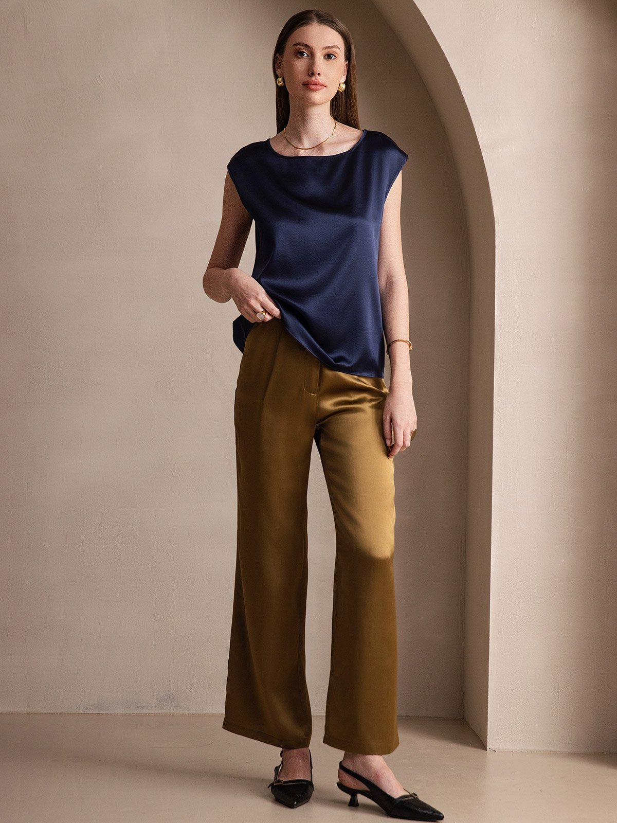 [Dark Blue] SilkSilky-CA 19Momme Silk Sleeveless Round Neck Women's T-Shirt 005
