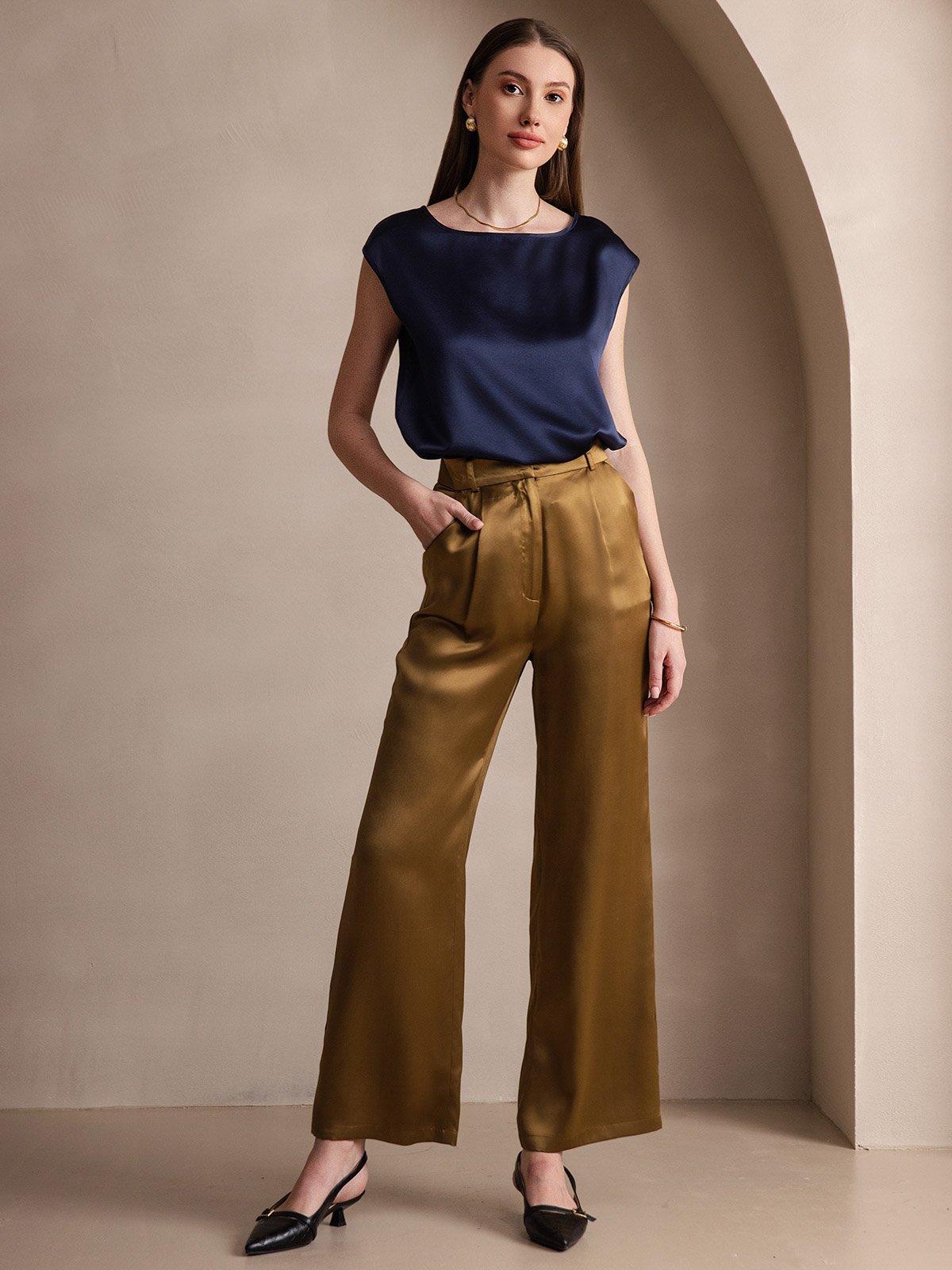 [Dark Blue] SilkSilky-CA 19Momme Silk Sleeveless Round Neck Women's T-Shirt 006