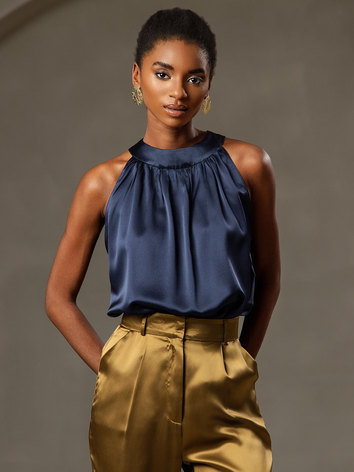 [Dark Blue] SilkSilky-CA 19Momme Silk Sleeveless Womens T-Shirt 003