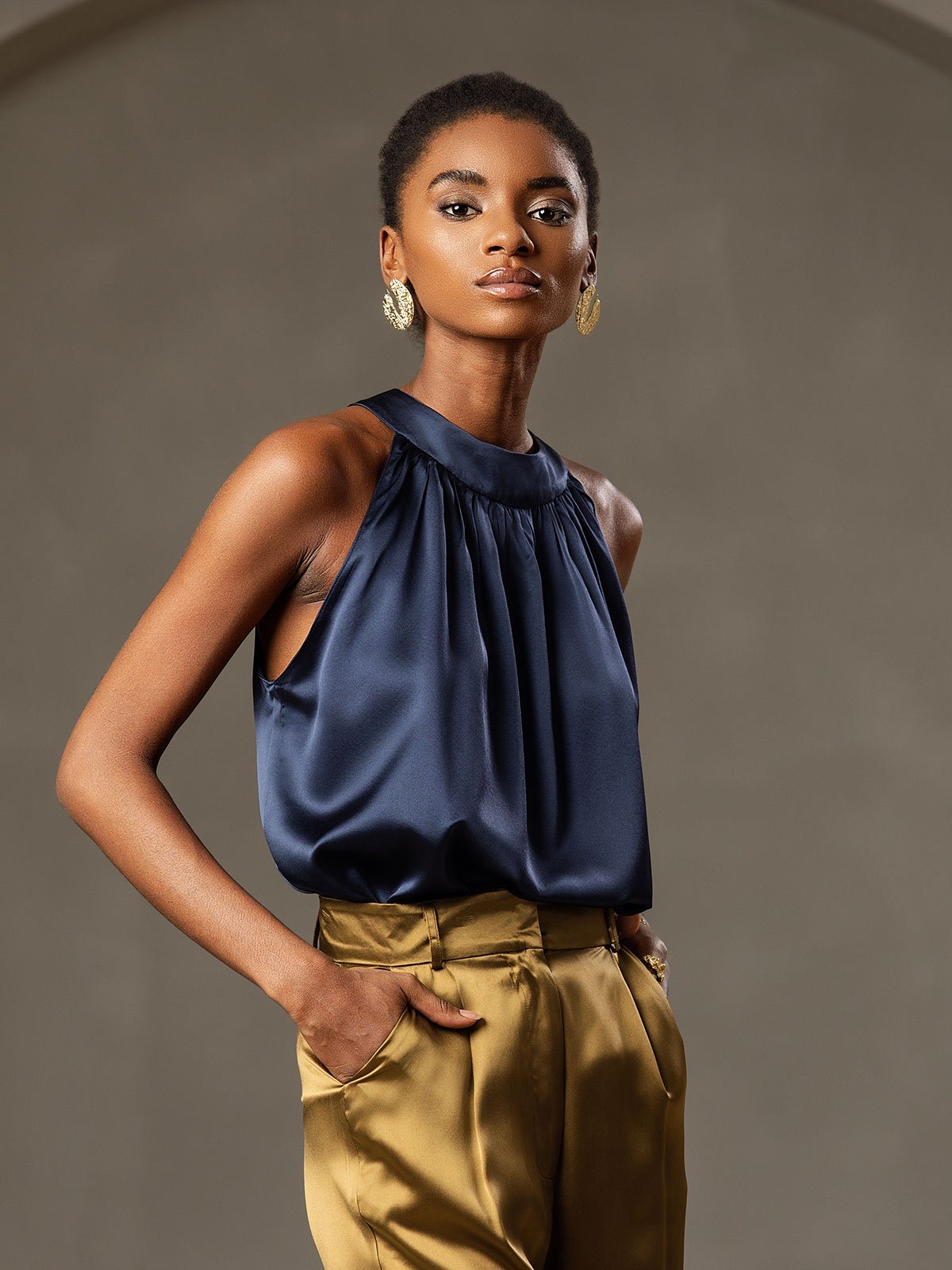 [Dark Blue] SilkSilky-CA 19Momme Silk Sleeveless Womens T-Shirt 004