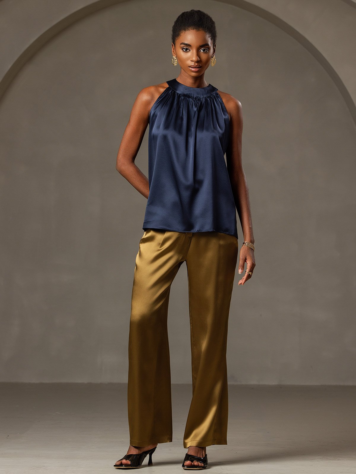 [Dark Blue] SilkSilky-CA 19Momme Silk Sleeveless Womens T-Shirt 005