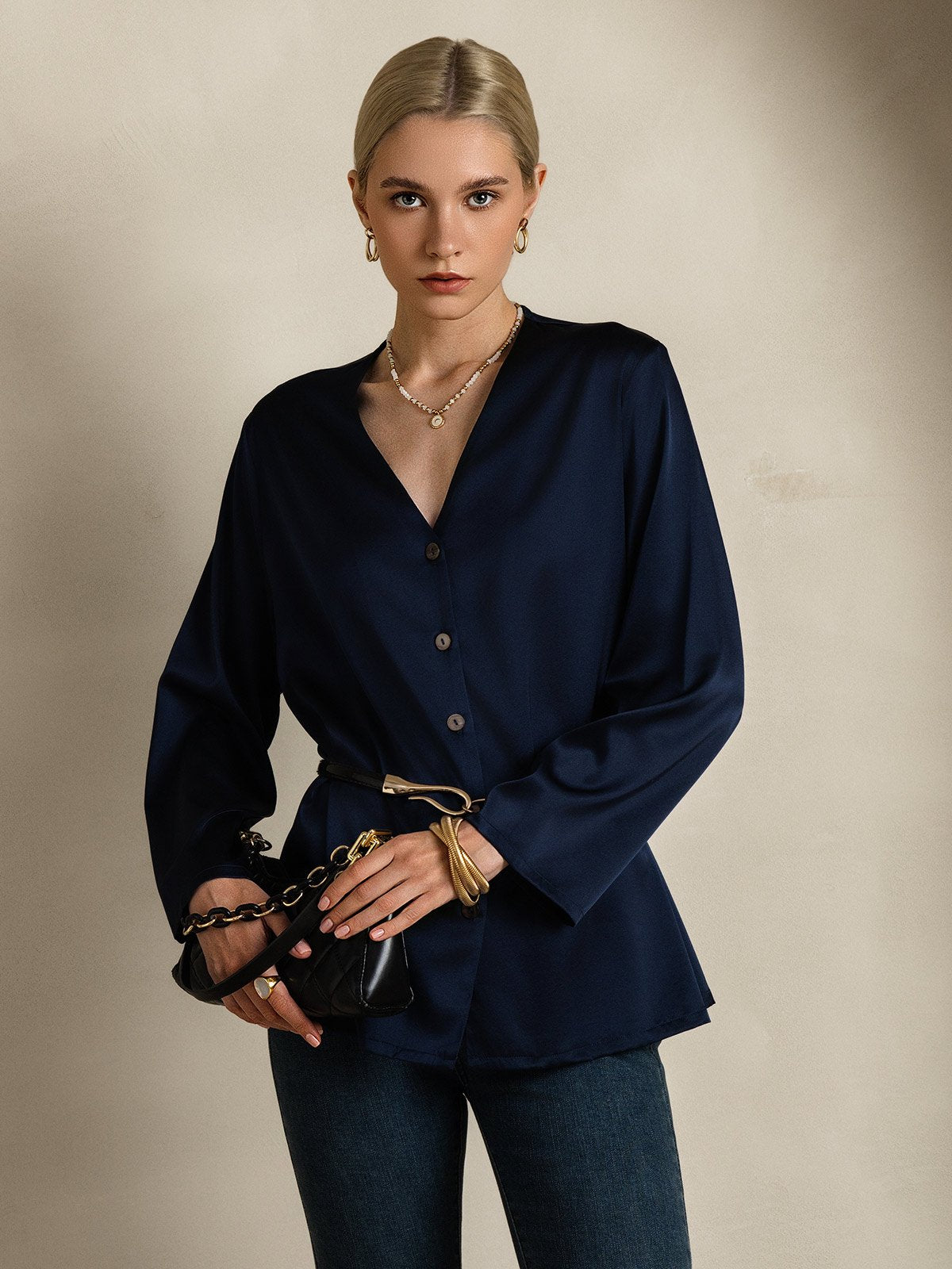 [Dark Blue] SilkSilky-CA 19Momme Silk V Neck Women's Shirt 001