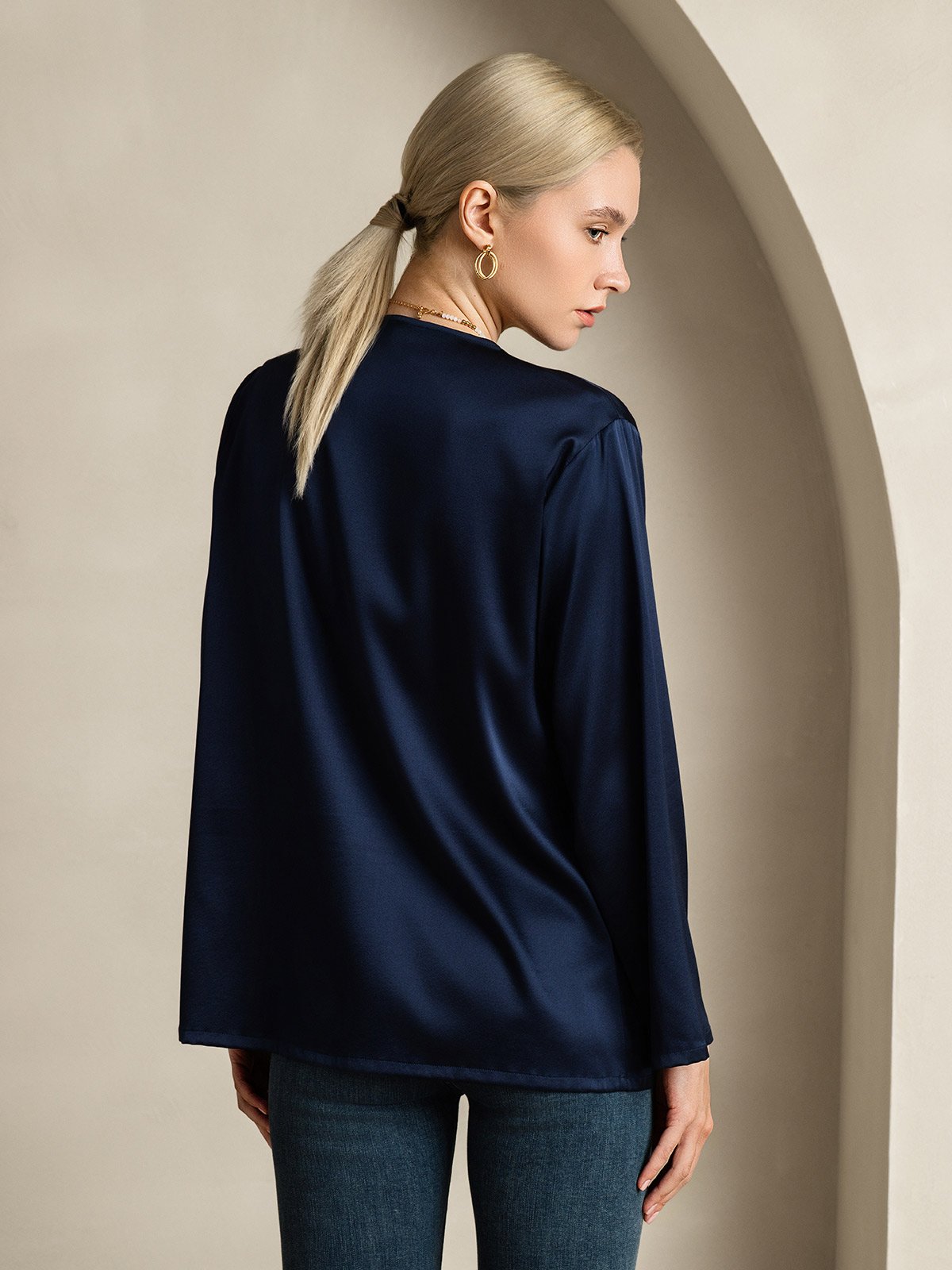 [Dark Blue] SilkSilky-CA 19Momme Silk V Neck Women's Shirt 002