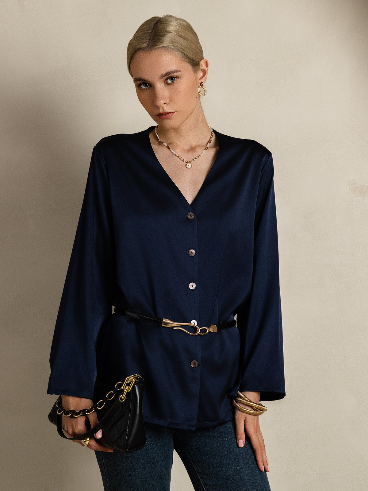[Dark Blue] SilkSilky-CA 19Momme Silk V Neck Women's Shirt 004