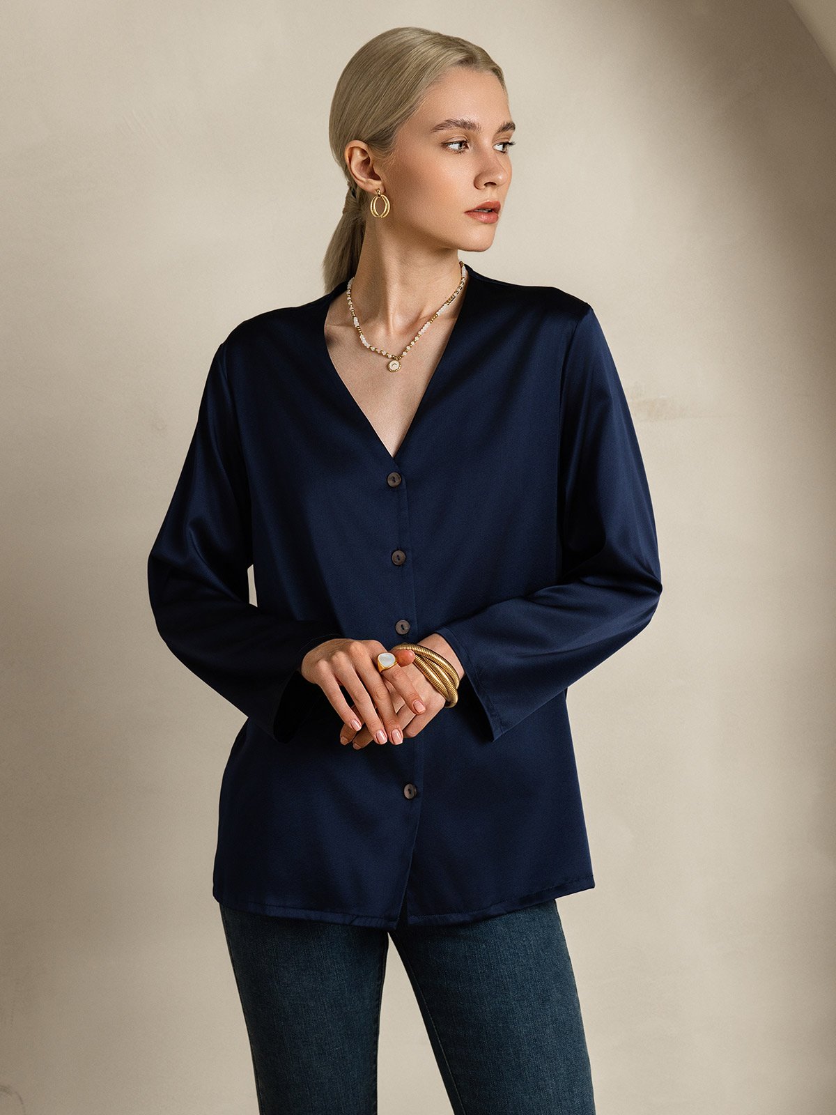 [Dark Blue] SilkSilky-CA 19Momme Silk V Neck Women's Shirt 005