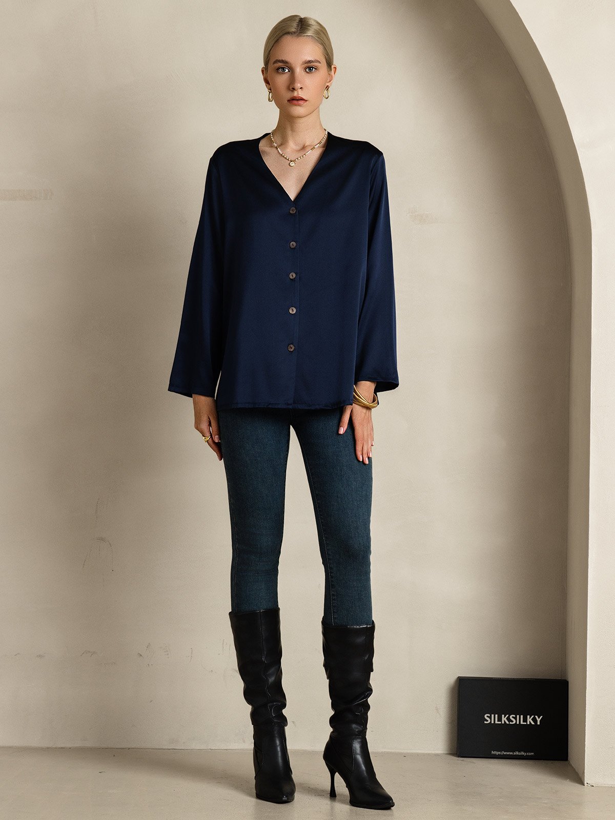 [Dark Blue] SilkSilky-CA 19Momme Silk V Neck Women's Shirt 006