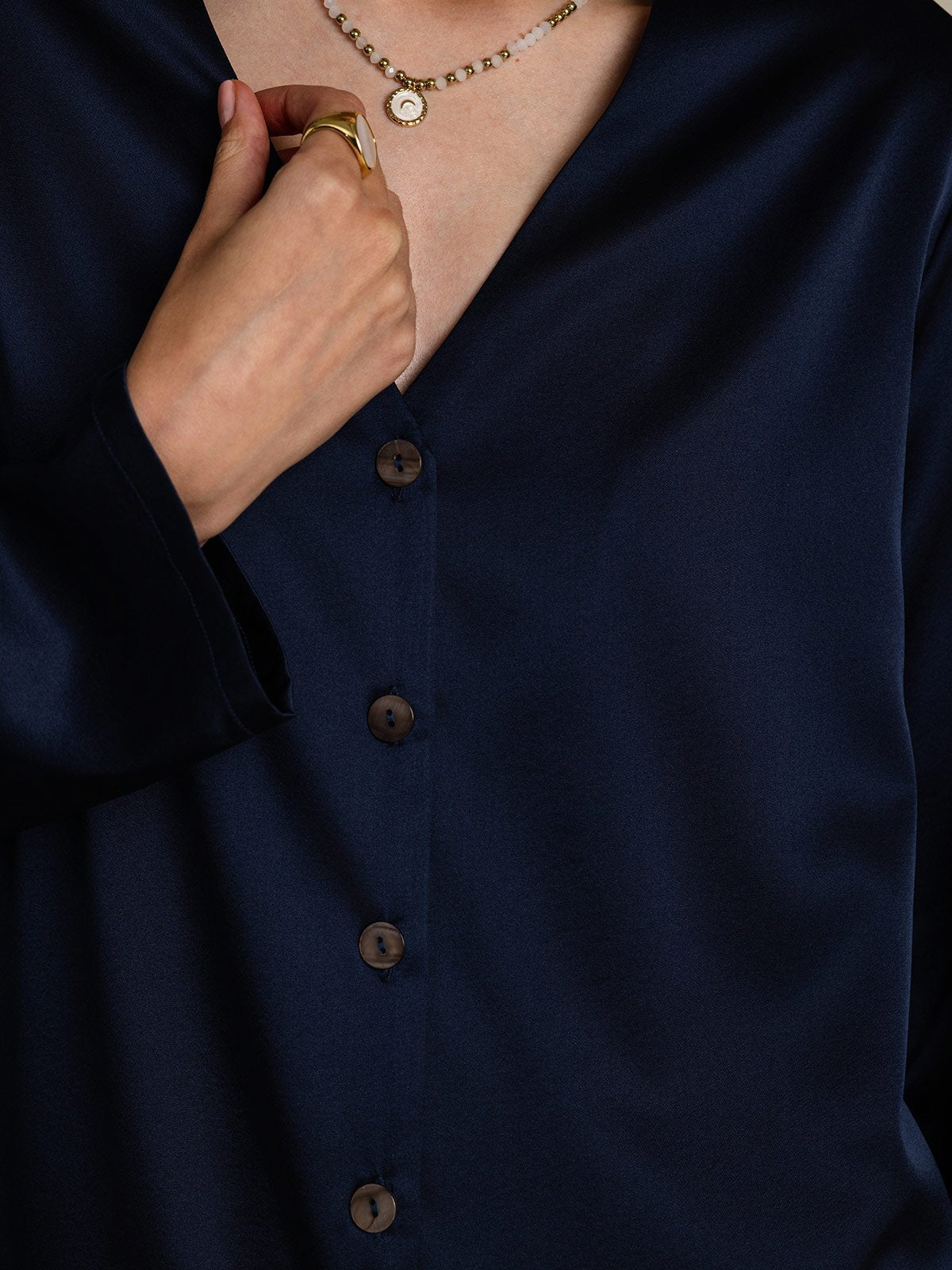 [Dark Blue] SilkSilky-CA 19Momme Silk V Neck Women's Shirt 007