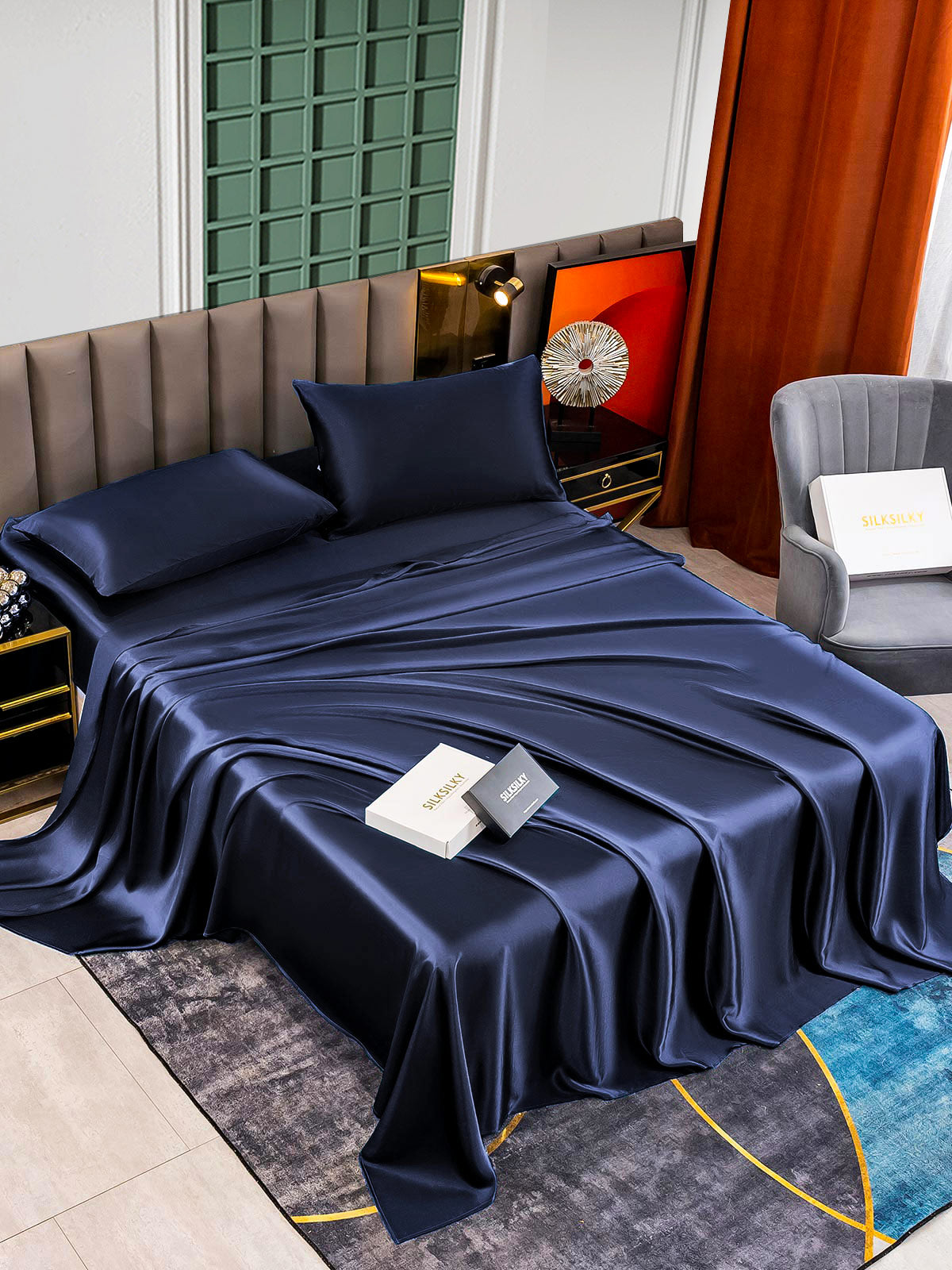 [Dark Blue] SilkSilky-CA 25Momme Pure Silk Bedding Set 005
