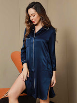 [Dark Blue] SilkSilky-CA Pure Silk 3/4 Sleeve Lapel Nightshirt 008