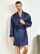 [Dark Blue] SilkSilky-CA Pure Silk 3/4 Sleeve Mens Robe 001