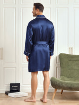 [Dark Blue] SilkSilky-CA Pure Silk 3/4 Sleeve Mens Robe 002