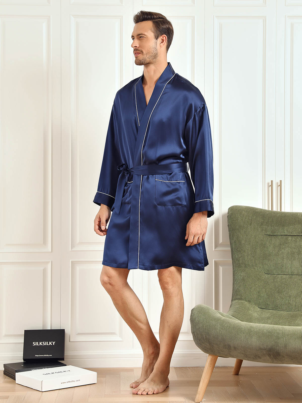 [Dark Blue] SilkSilky-CA Pure Silk 3/4 Sleeve Mens Robe 003
