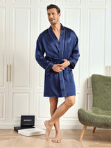 [Dark Blue] SilkSilky-CA Pure Silk 3/4 Sleeve Mens Robe 004