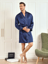 [Dark Blue] SilkSilky-CA Pure Silk 3/4 Sleeve Mens Robe 005