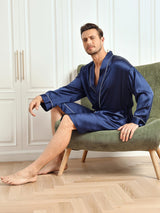 [Dark Blue] SilkSilky-CA Pure Silk 3/4 Sleeve Mens Robe 006