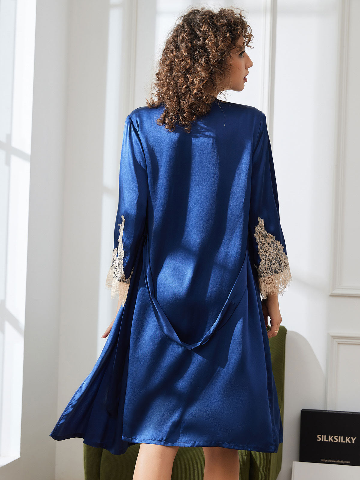 [Dark Blue] SilkSilky-CA Pure Silk 3/4 Sleeve Nightgown&Robe Set 002