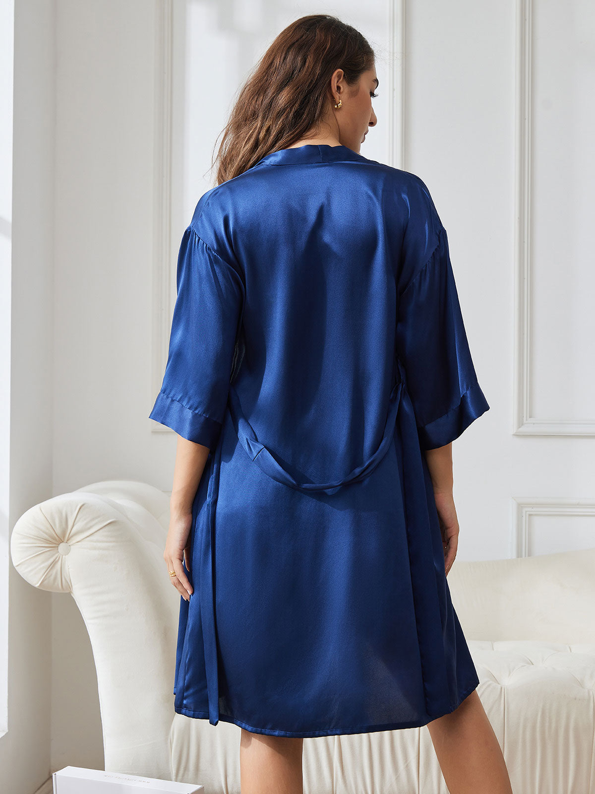 [Dark Blue] SilkSilky-CA Pure Silk 3/4 Sleeve Nightgown&Robe Set 002