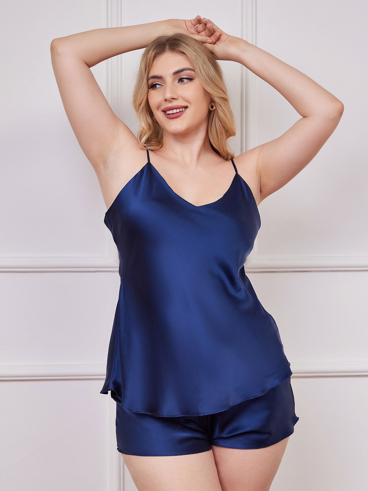 [Dark Blue] SilkSilky-CA Pure Silk Deep V Neck Plus Size Camisole Set 003
