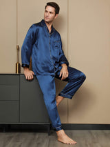 [Dark Blue] SilkSilky-CA Pure Silk Long Sleeve Lapel Men's Pajamas 001