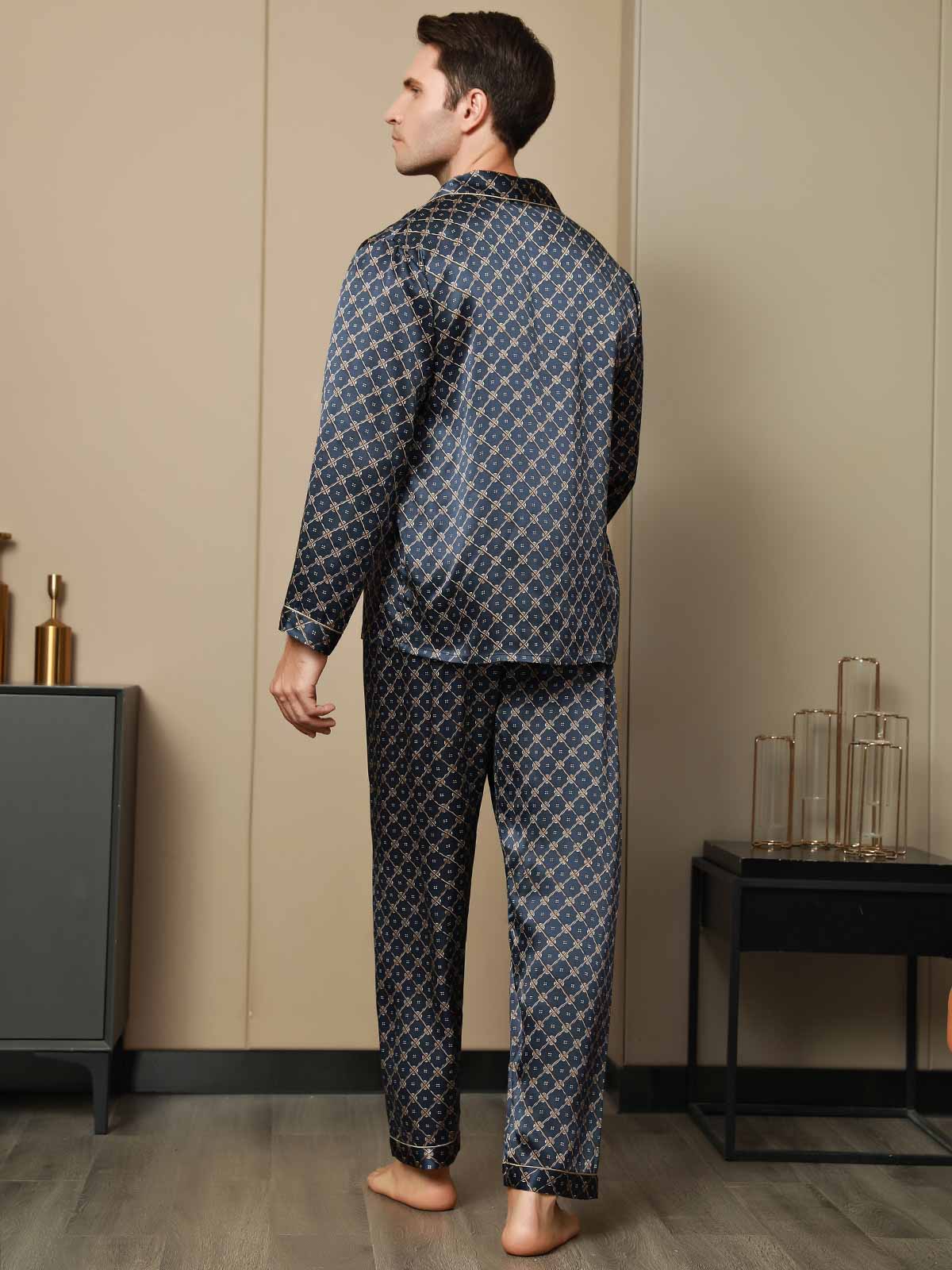 [Dark Blue] SilkSilky-CA Pure Silk Long Sleeve Lapel Men's Pajamas 002
