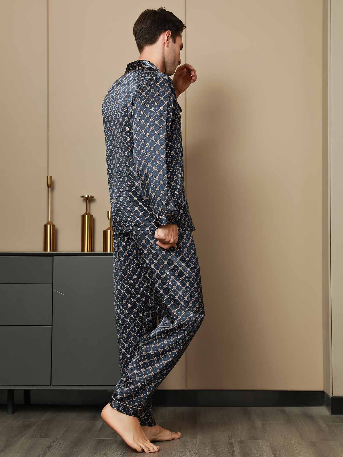 [Dark Blue] SilkSilky-CA Pure Silk Long Sleeve Lapel Men's Pajamas 003