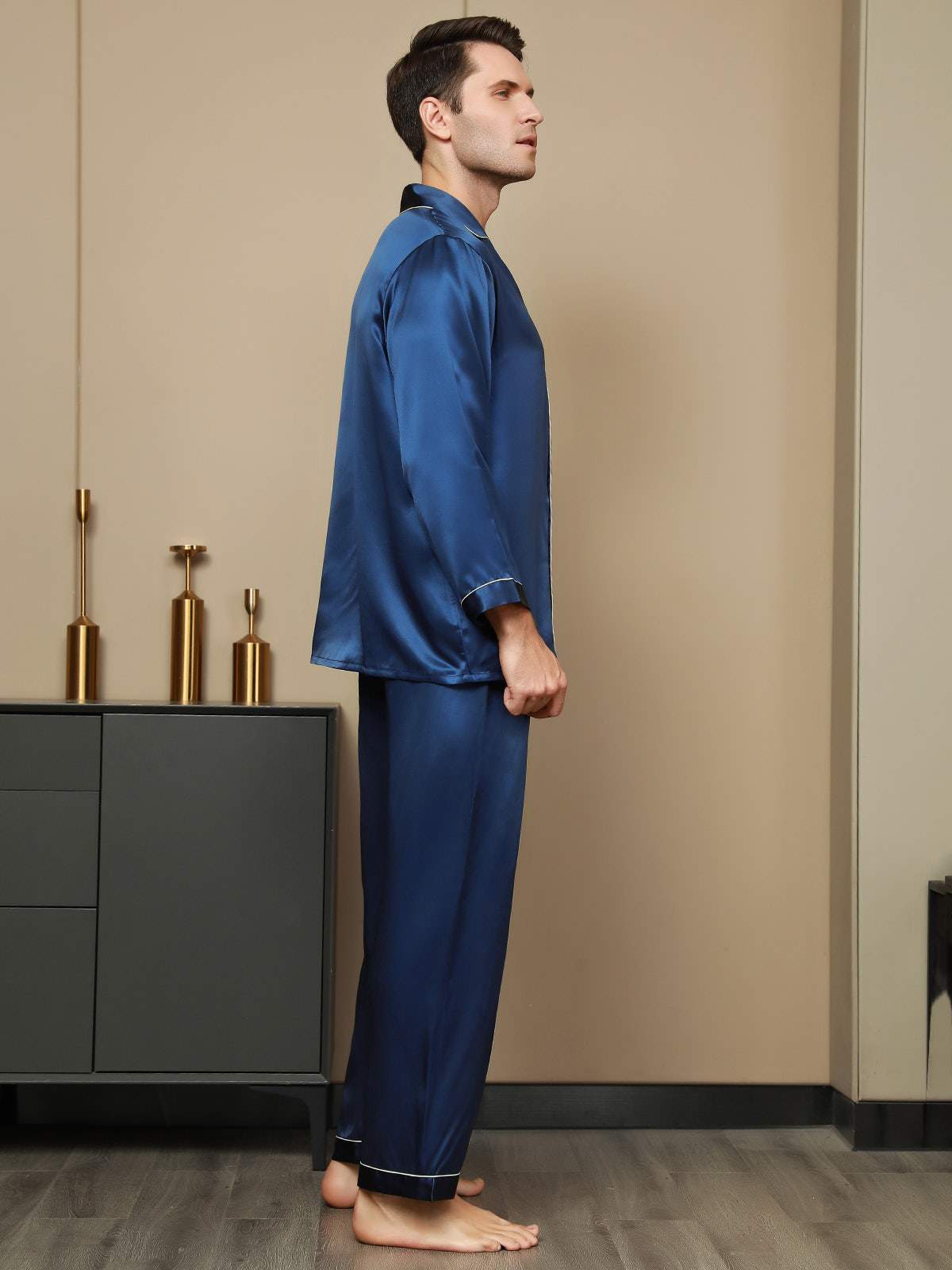 [Dark Blue] SilkSilky-CA Pure Silk Long Sleeve Lapel Men's Pajamas 003