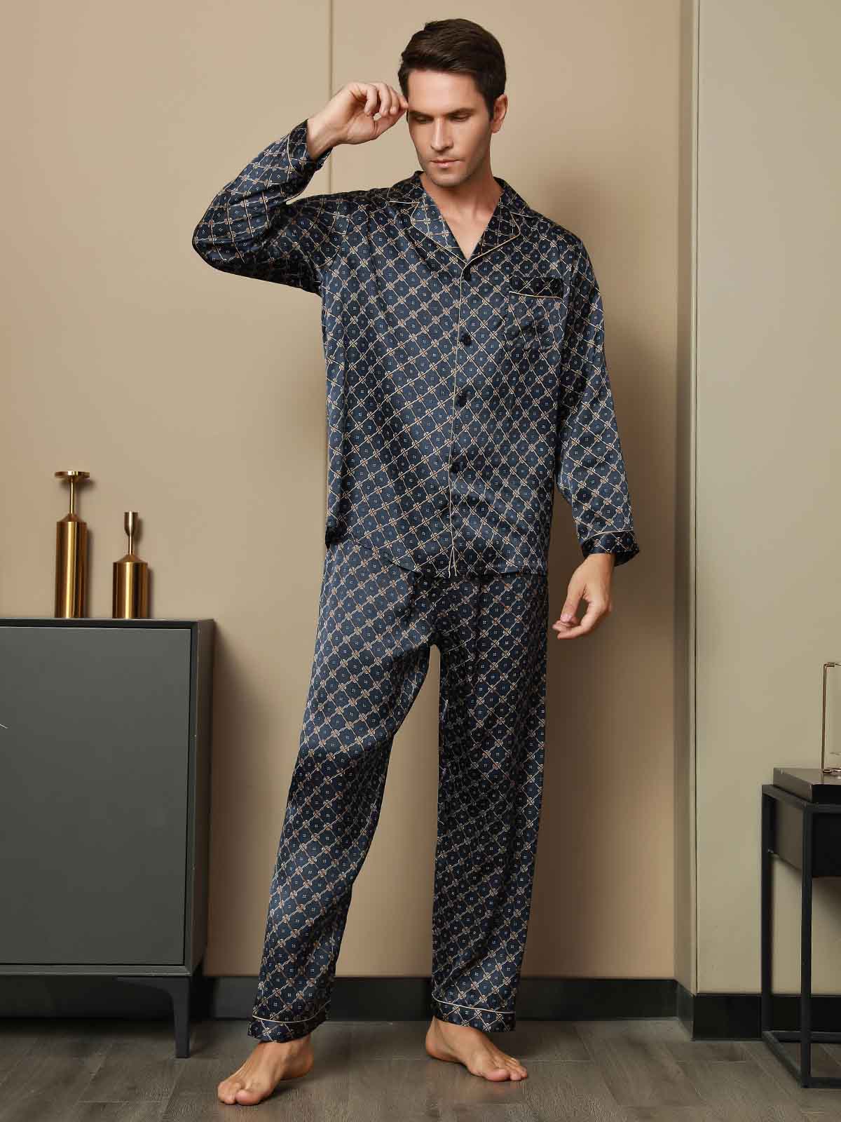 [Dark Blue] SilkSilky-CA Pure Silk Long Sleeve Lapel Men's Pajamas 004