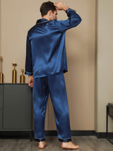 [Dark Blue] SilkSilky-CA Pure Silk Long Sleeve Lapel Men's Pajamas 004