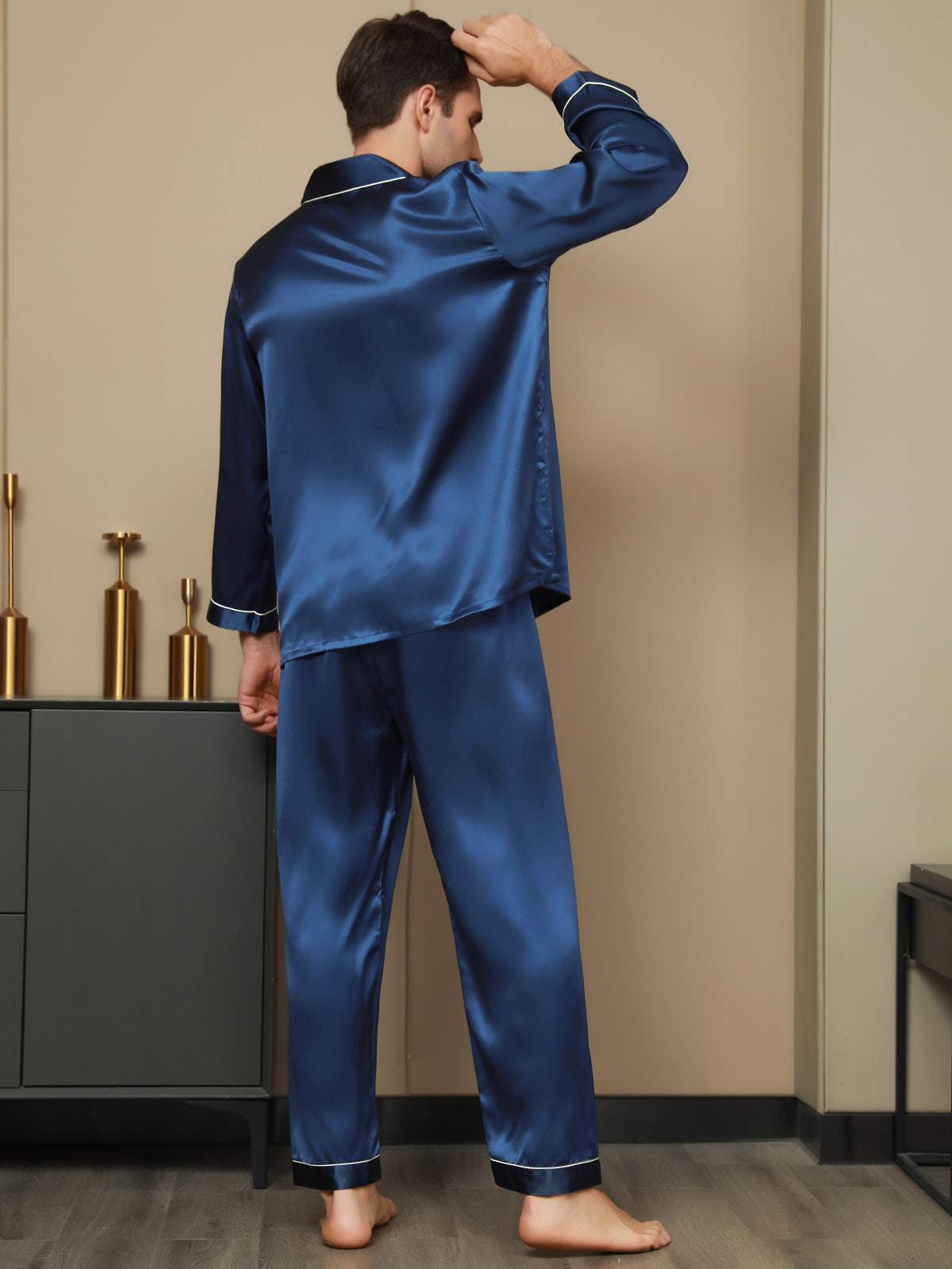 [Dark Blue] SilkSilky-CA Pure Silk Long Sleeve Lapel Men's Pajamas 004