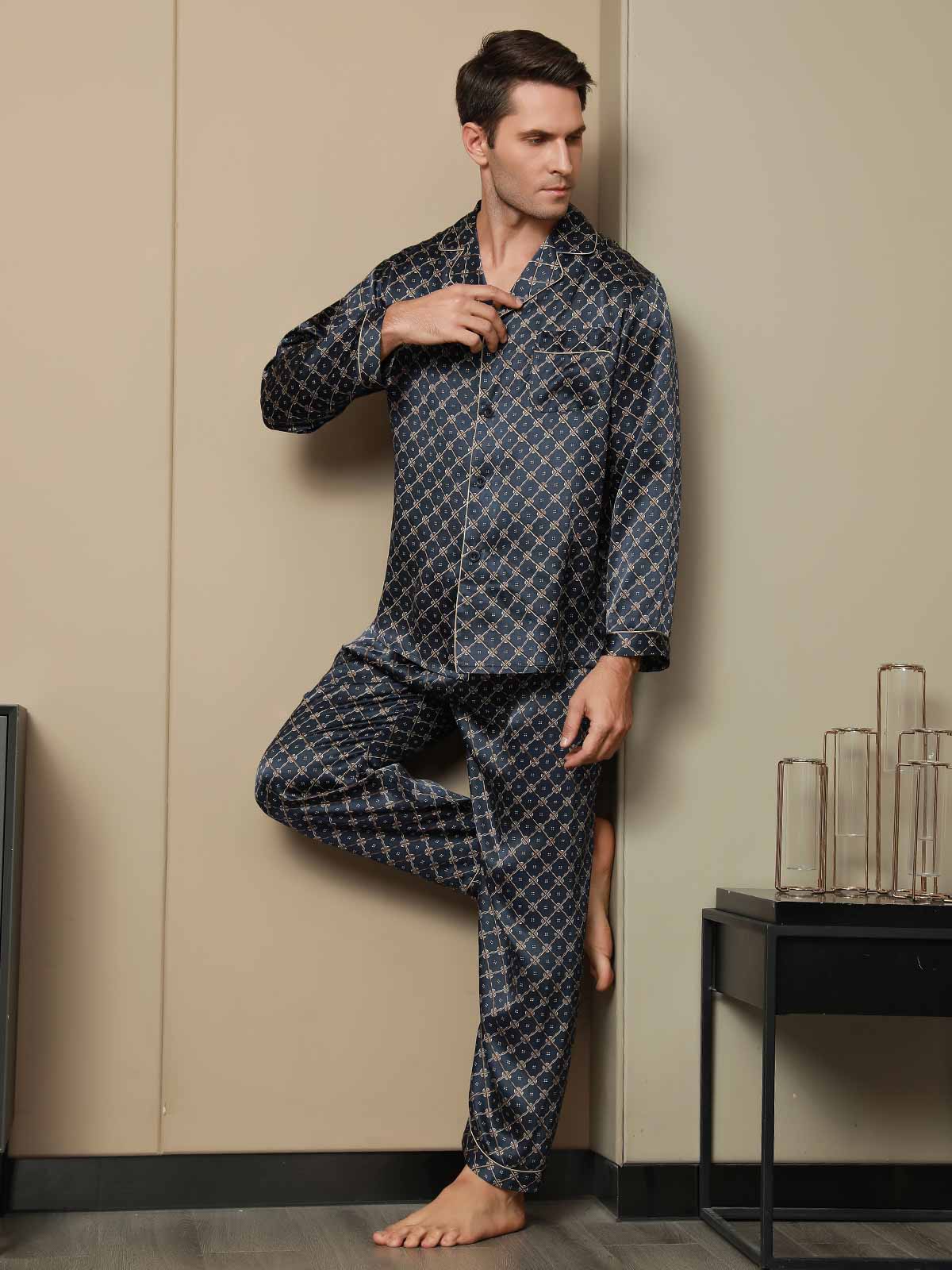 [Dark Blue] SilkSilky-CA Pure Silk Long Sleeve Lapel Men's Pajamas 005