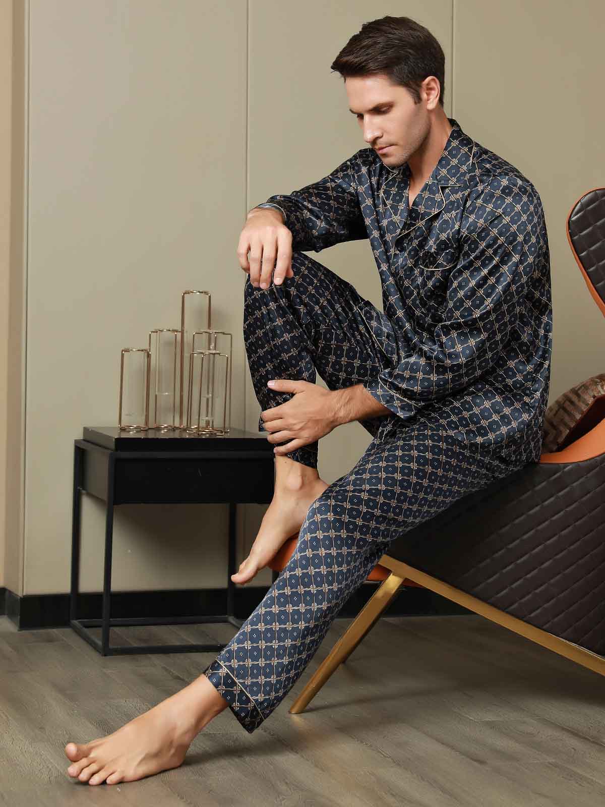 [Dark Blue] SilkSilky-CA Pure Silk Long Sleeve Lapel Men's Pajamas 006