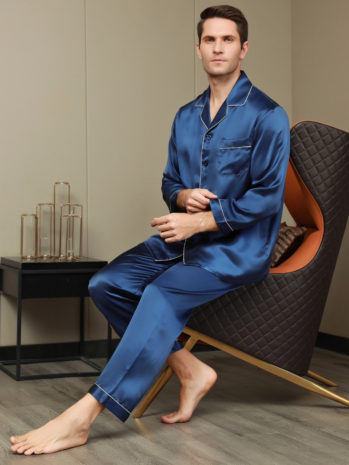 [Dark Blue] SilkSilky-CA Pure Silk Long Sleeve Lapel Men's Pajamas 006