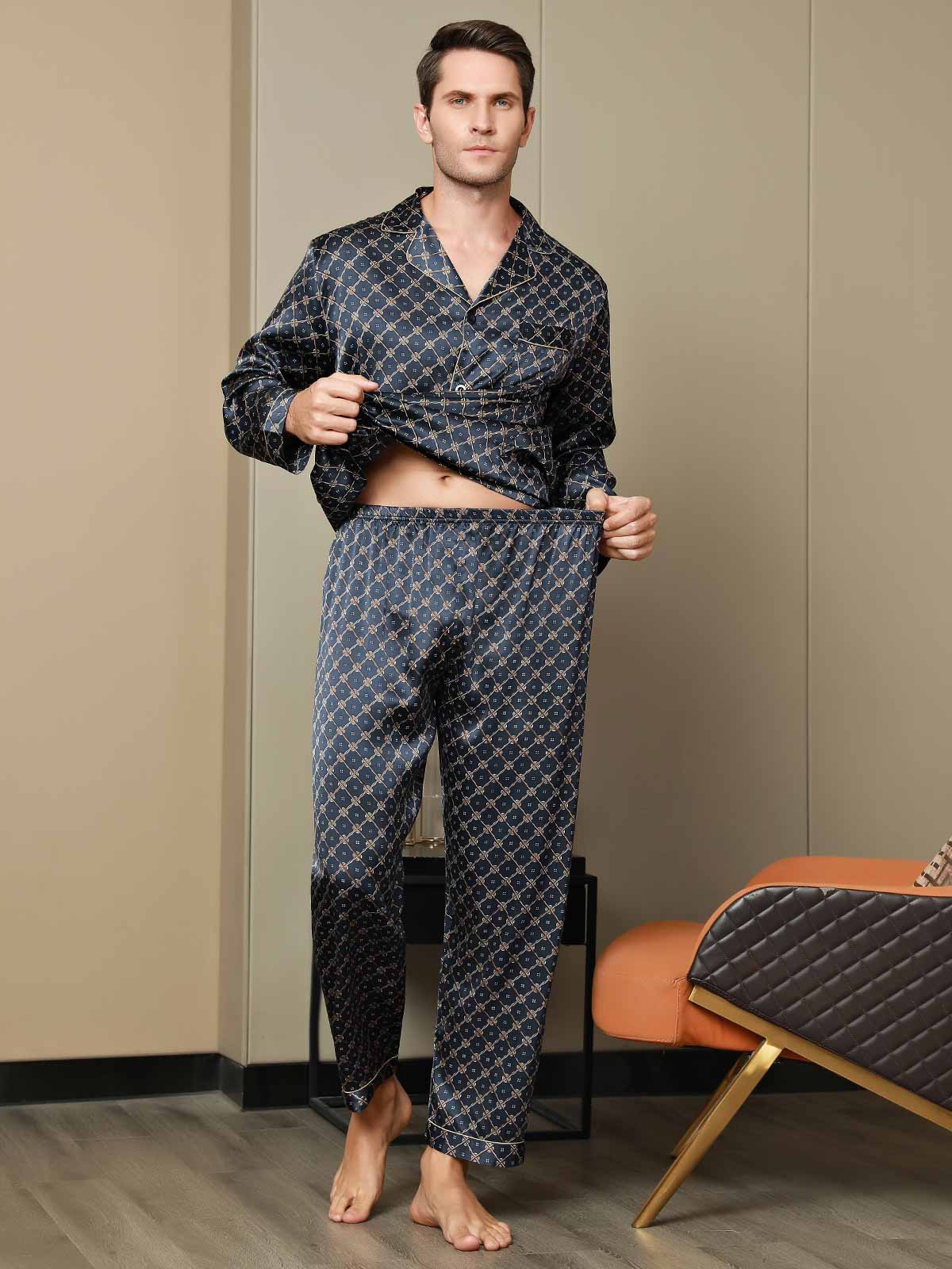 [Dark Blue] SilkSilky-CA Pure Silk Long Sleeve Lapel Men's Pajamas 008