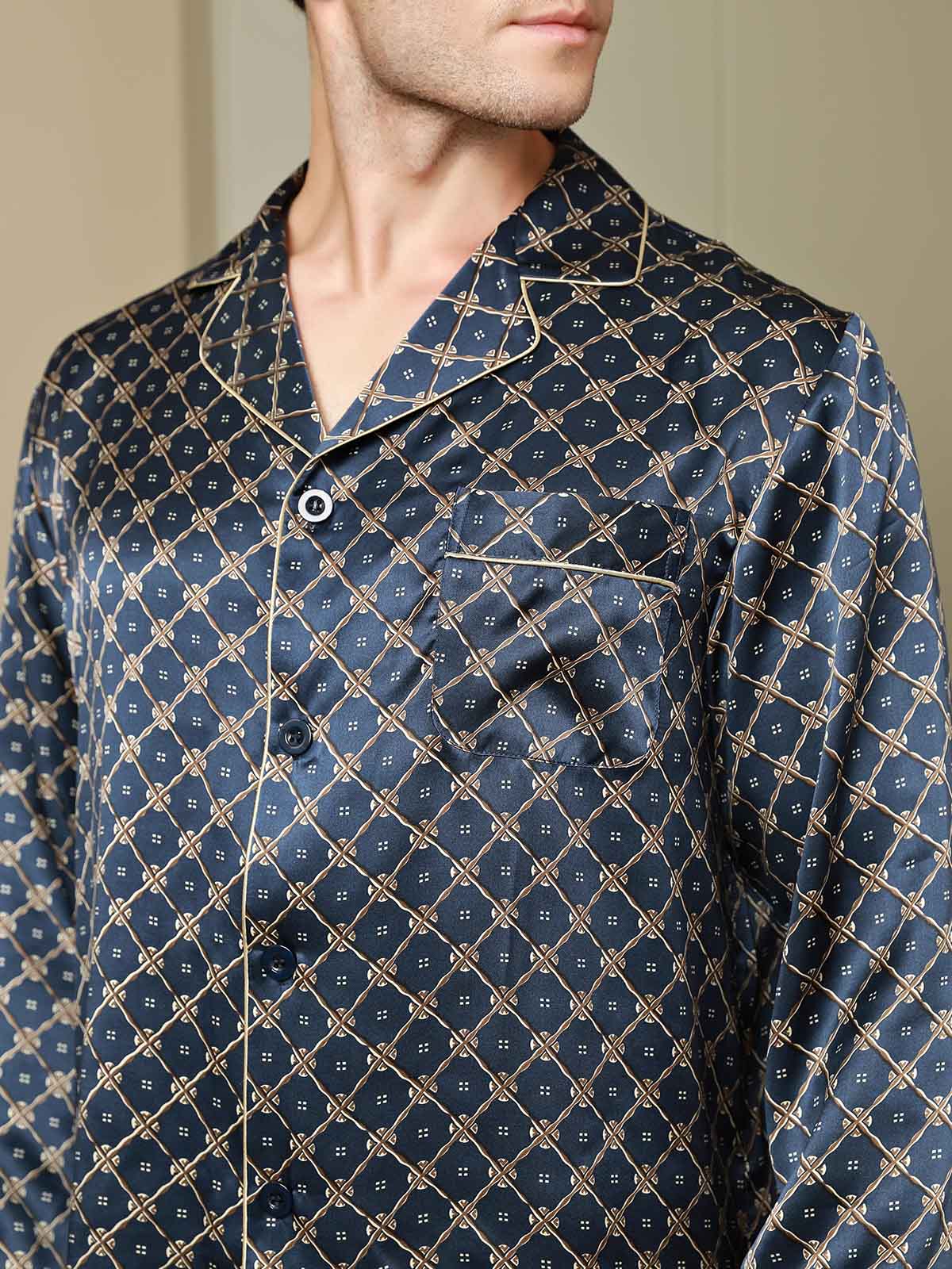 [Dark Blue] SilkSilky-CA Pure Silk Long Sleeve Lapel Men's Pajamas 009