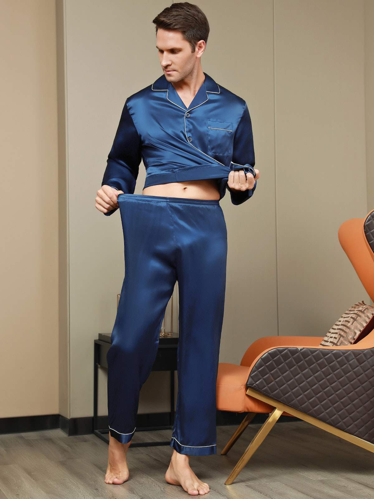 [Dark Blue] SilkSilky-CA Pure Silk Long Sleeve Lapel Men's Pajamas 009