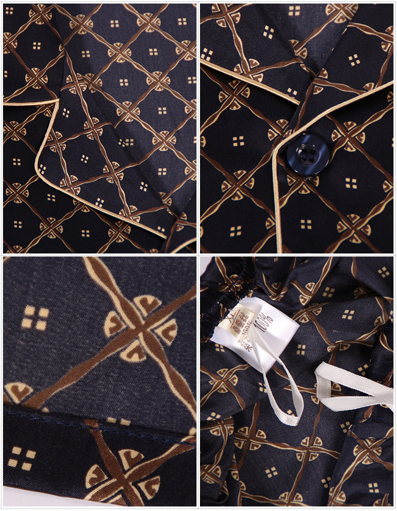[Dark Blue] SilkSilky-CA Pure Silk Long Sleeve Lapel Men's Pajamas 010
