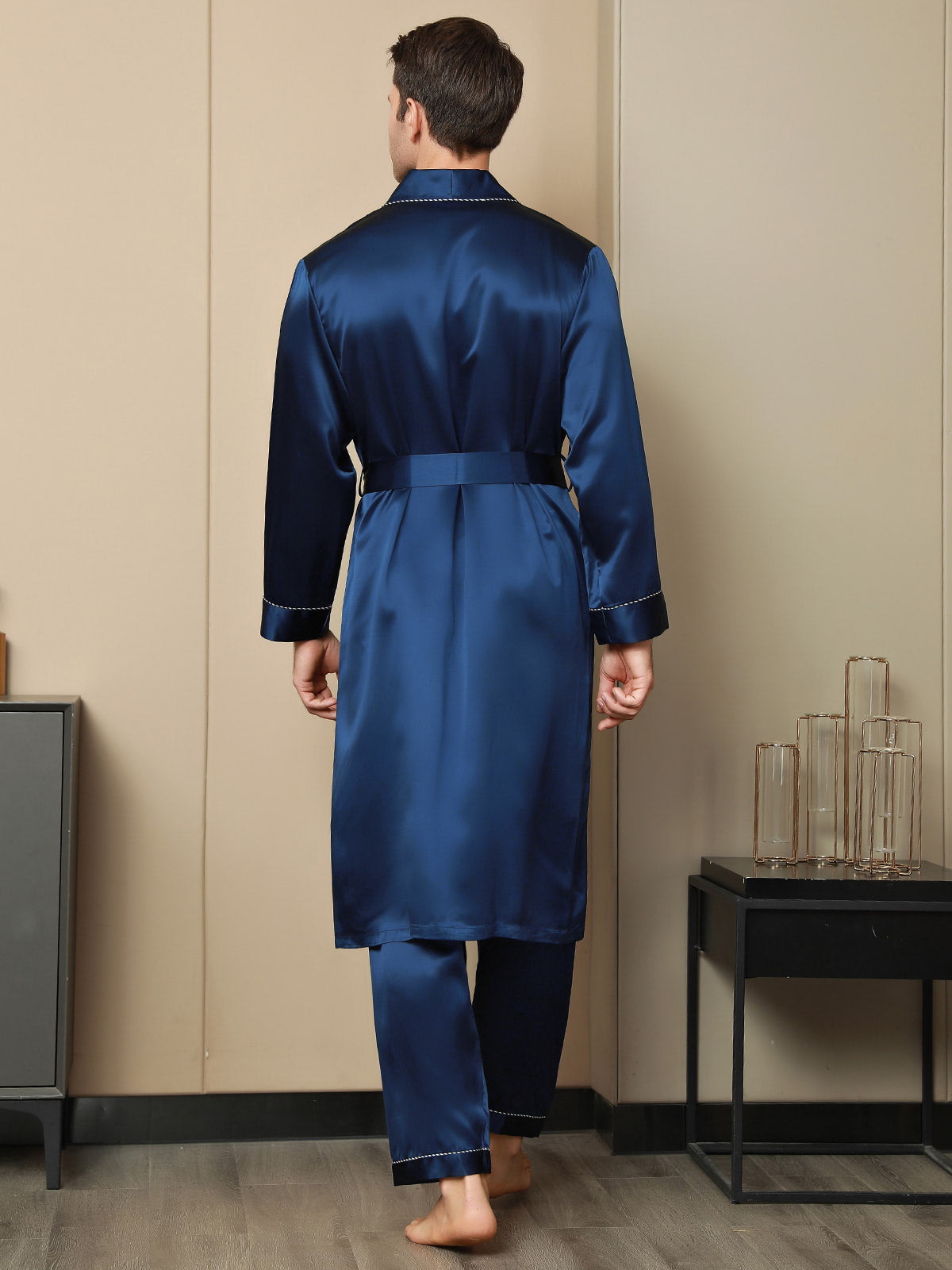 [Dark Blue] SilkSilky-CA Pure Silk Long Sleeve Lapel Men's Robe 002