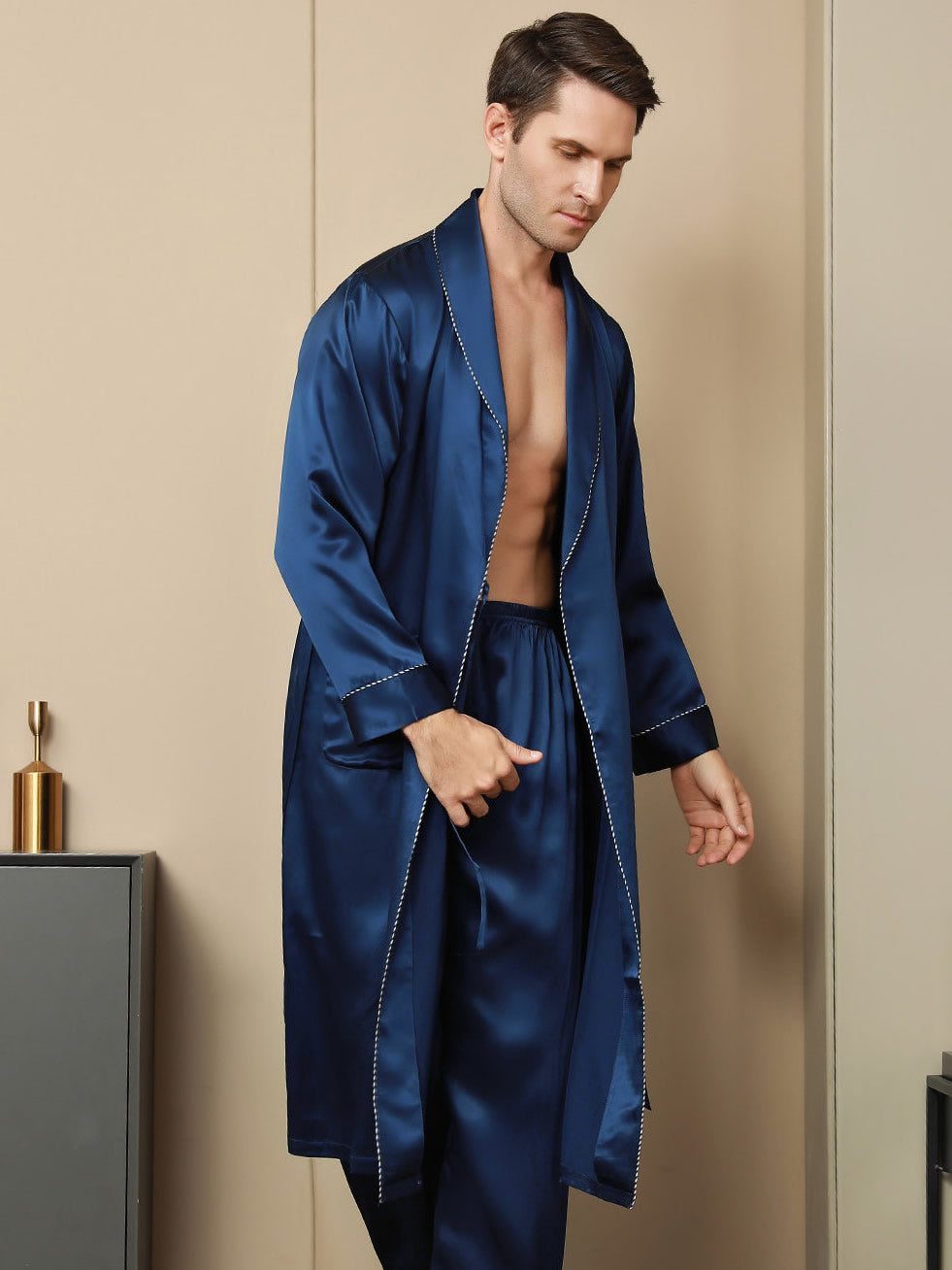 [Dark Blue] SilkSilky-CA Pure Silk Long Sleeve Lapel Men's Robe 003
