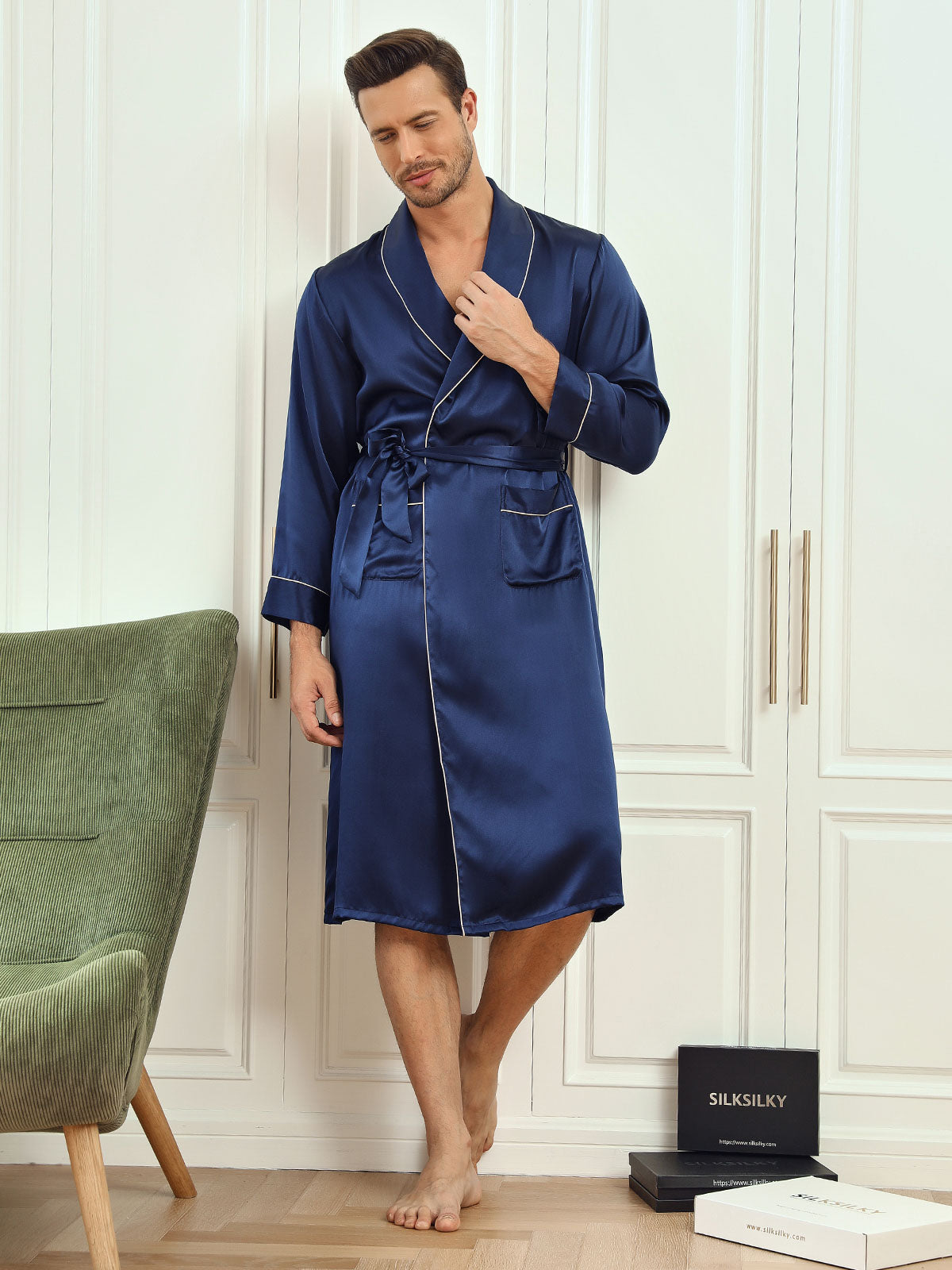 [Dark Blue] SilkSilky-CA Pure Silk Long Sleeve Lapel Men's Robe 003