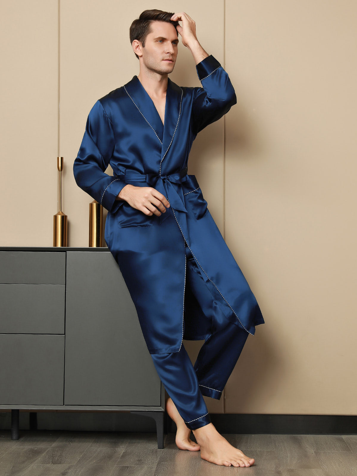 [Dark Blue] SilkSilky-CA Pure Silk Long Sleeve Lapel Men's Robe 005