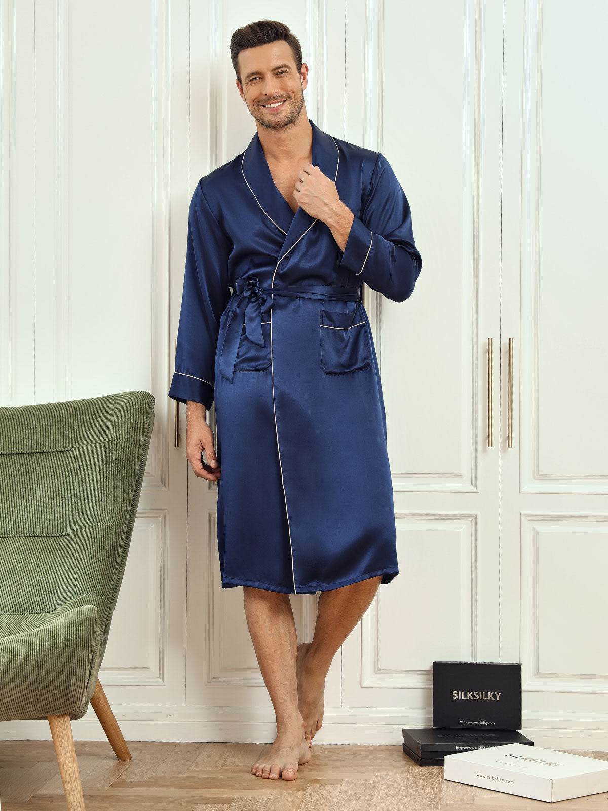 [Dark Blue] SilkSilky-CA Pure Silk Long Sleeve Lapel Men's Robe 005