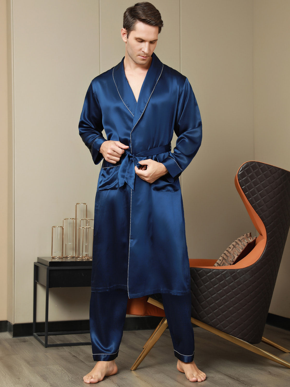 [Dark Blue] SilkSilky-CA Pure Silk Long Sleeve Lapel Men's Robe 006