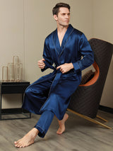 [Dark Blue] SilkSilky-CA Pure Silk Long Sleeve Lapel Men's Robe 007